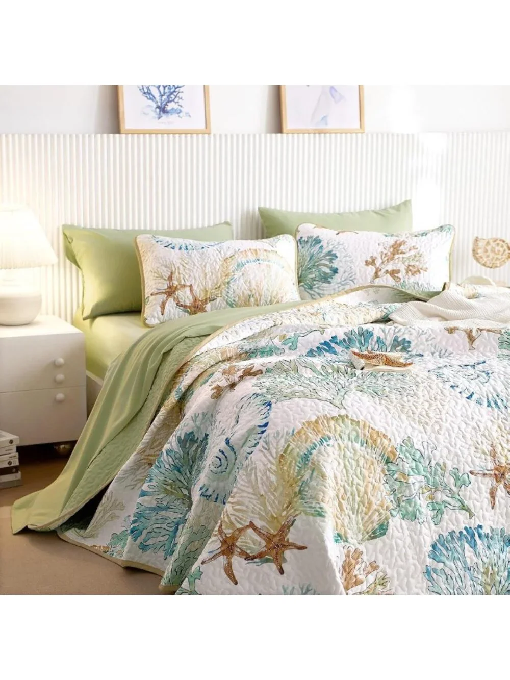 Coastal Nautical Quilt Set - Reversible Lightweight Bedspread, 3-Piece King Size